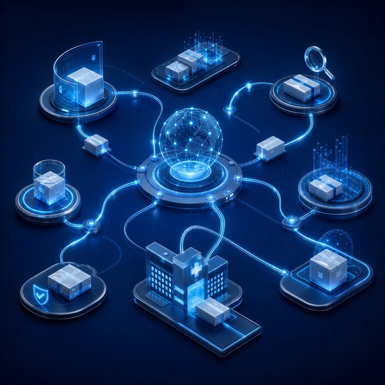Abstract medical packages moving along connected distribution routes